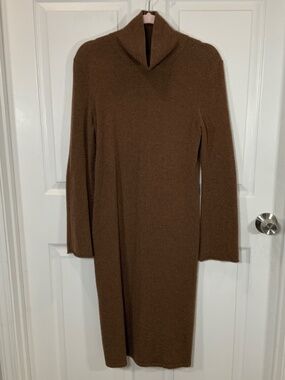 Sutton Studio 100% Cashmere Brown Turtleneck Midi Sweater Dress PL Long Sleeve